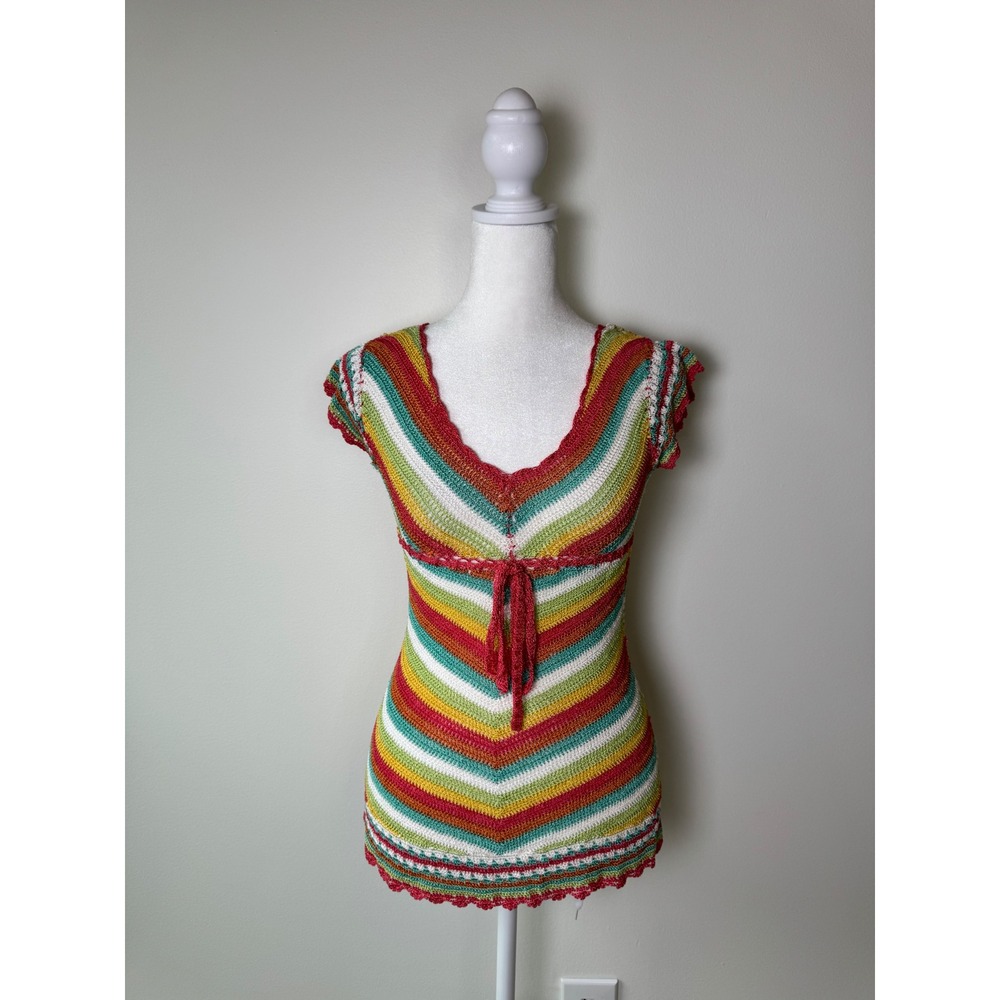 V Cristina Crochet Knit Chevron Striped Boho Babydoll Top Size Small Rayon Y2K